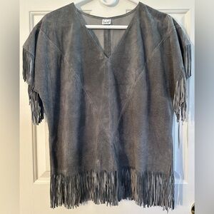 Wm’s Gray 100% Genuine Suede Fringe V Neck Coastal Cowgirl South Western Shirt
